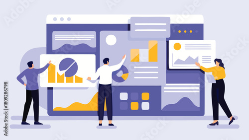 Modern flat illustration depicting diverse employees collaborating and interacting positively in a professional office environment showcasing teamwork and communication