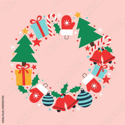 Christmas Wreath Decoration with Gifts Trees and Bells.