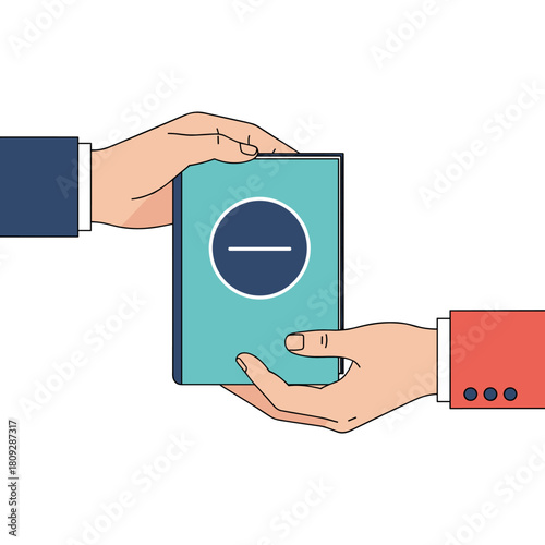 Two hands exchanging a book with a minus symbol.