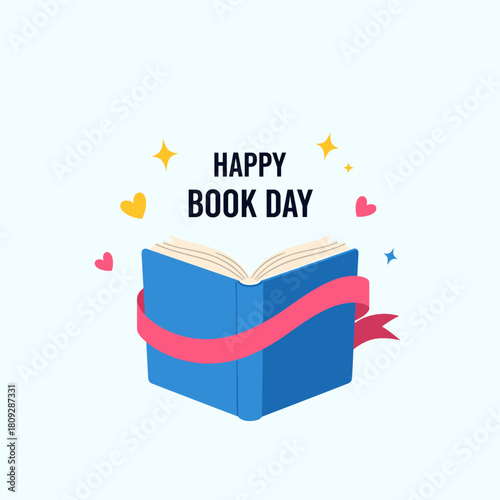Happy Book Day Celebration with Open Blue Book and Ribbon.