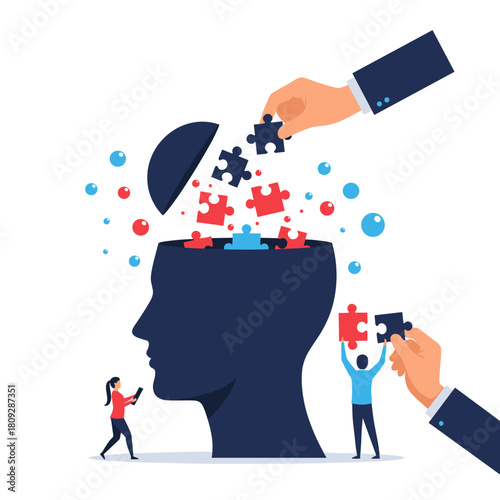 Human Head Silhouette with Puzzle Pieces Being Assembled.