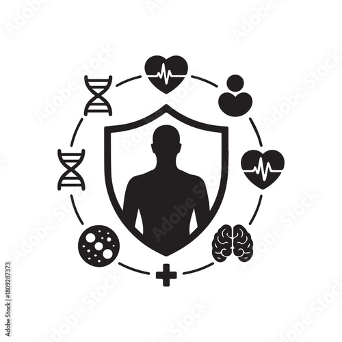 Human health protection shield with medical icons