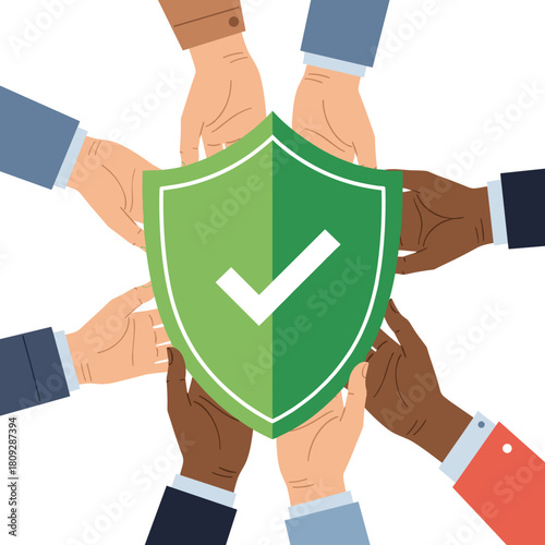 Diverse Hands Holding Green Shield with Check Mark Symbolizing Security and Trust.