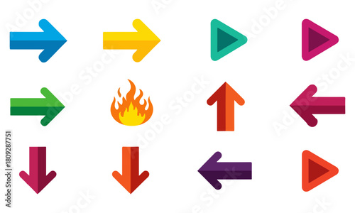 Colorful Arrow Icons and Fire Symbol Collection on White Background