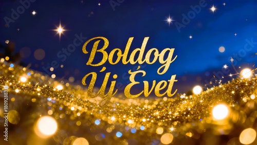 Wallpaper Mural An elegant "Boldog Új Évet" greeting in gold with sparkling effects, perfect for celebrating the New Year with sophistication and festivity. Torontodigital.ca