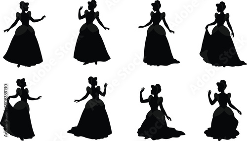 Ball gown silhouettes, elegant dress outline, princess fashion, royal costume, fantasy character, evening gown, stylish figure, theatrical pose, fashion art, 