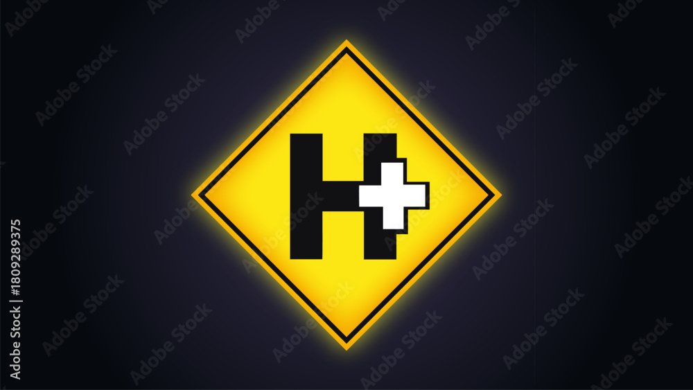 Obraz premium Yellow diamond graphic symbol shows black H with a white cross on a dark digital background illustration