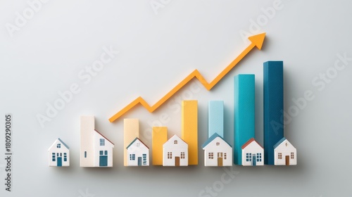 Real estate market growth with toy houses and rising bar graph on white