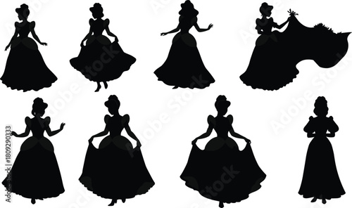 Ball gown silhouettes, princess fashion, fairy tale dress, magical costume, elegant outline, fantasy character, royal gown, stylish figure, fashion art, luxury design
