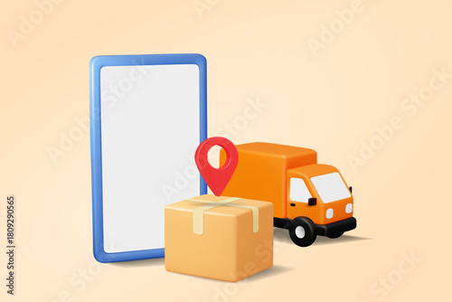3D vector illustration rendering of mobile parcel delivery and logistics service concept with smartphone, truck, parcel, delivery van and pin on map. Online shipment tracking and last mile delivery.