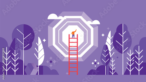 Minimalist 3d ladder ascending into a vibrant glowing geometric shape symbolizing progress aspiration and achievement in a futuristic or abstract digital space