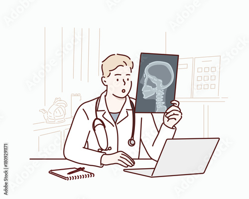 Doctor surgeon examining skull X-ray image and analyzing diagnosis Original vector illustration drawn by hand.