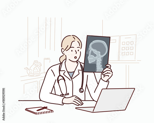 Doctor surgeon examining skull X-ray image and analyzing diagnosis Original vector illustration drawn by hand.