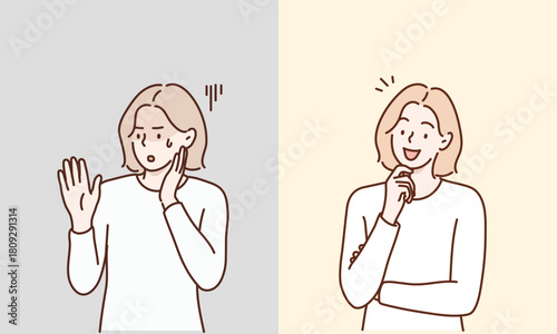 A woman who is worried and a man who has solved it. Original vector illustration drawn by hand.