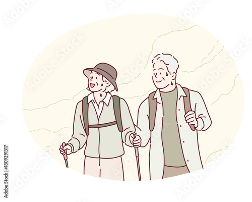 Elderly couple mountain climbers with backpacks during nature adventure Original vector illustration drawn by hand.
