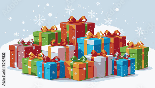 A festive illustration of a large pile of colorful wrapped gift boxes with ribbons, set against a snowy blue background with falling snowflakes, symbolizing holidays and celebrations.