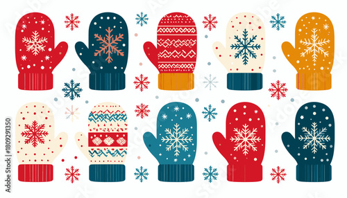 Collection of colorful winter mittens with snowflake patterns and knitted cuffs, festive design.