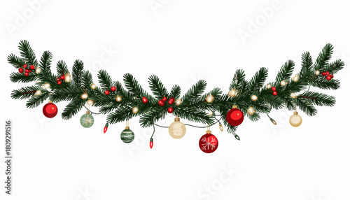 A festive Christmas garland with fir branches, red berries, glowing lights, and colorful baubles on a white background.