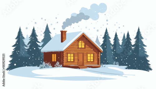 A cozy wooden cabin nestled in a snowy forest with smoke billowing from its chimney.