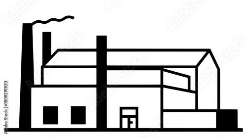 Graphic icon-style representation of a large industrial building with a flat roof and smokestacks in black silhouette, composed of simple geometric shapes such as rectangles and triangles, with clean 