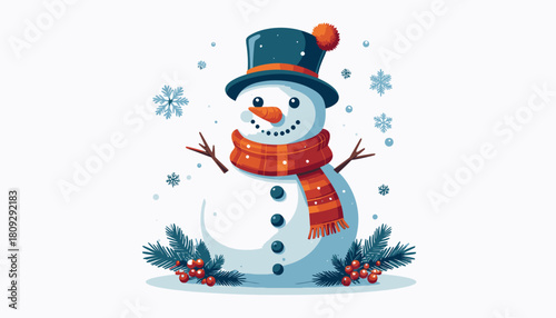 A cheerful snowman wearing a hat and scarf, surrounded by snowflakes and festive decorations.