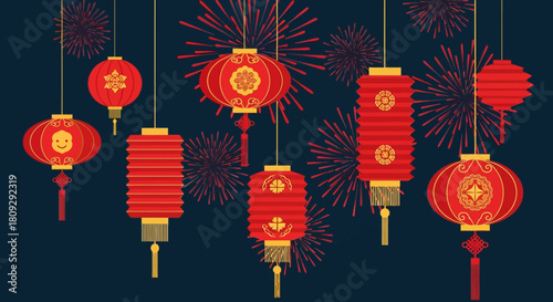 Red Chinese lanterns with various designs hanging against a dark blue background with subtle fireworks, celebrating a cultural festival.
