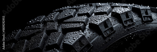 Wet tire tread covered in water drop. Detail of rubber surface with deep groove on dark background, showcasing texture, grip, and durability