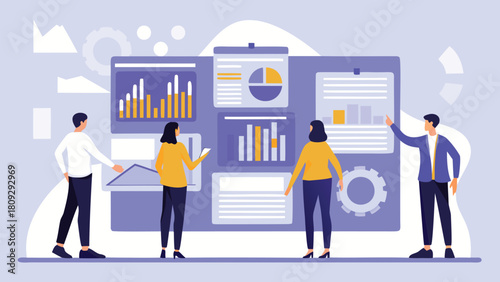 Diverse group of professionals collaborating in a modern office reviewing data and charts on a large screen symbolizing teamwork and strategic planning for business growth