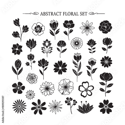 Set of decorative rose with leaves. Flower silhoutte.