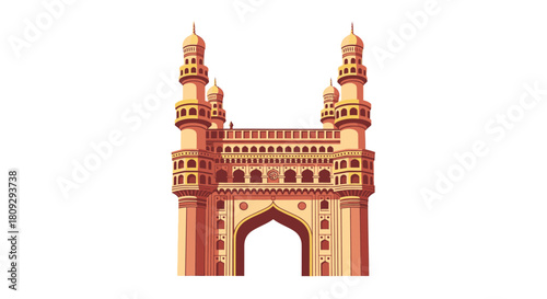 A detailed vector illustration of the Charminar, a famous monument and mosque in Hyderabad, India, isolated on a white background.
