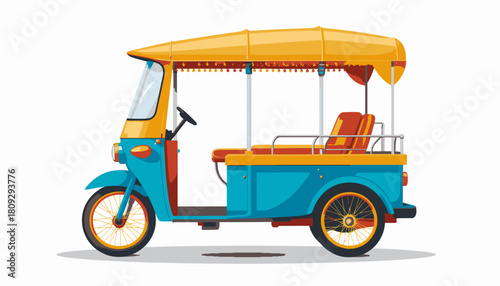 Illustration of a colorful three-wheeled tuk-tuk taxi with a yellow canopy, blue body, and orange seats india.