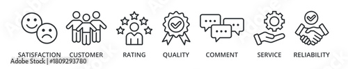 Feedback banner icon with satisfaction, customer, rating, quality, comment, service, reliability