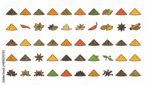 Collection of various spices and herbs, arranged in neat rows, showcasing culinary ingredients.