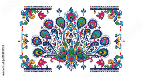An ornate and colorful peacock illustration in a traditional Indian folk art style, featuring intricate patterns and a decorative border.