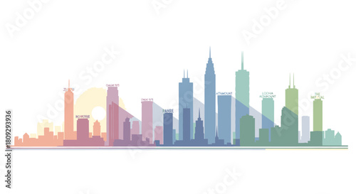 A colorful silhouette of a modern city skyline at sunset with tall buildings casting long shadows.