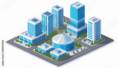 Isometric illustration of a modern city with various buildings, roads, and a central dome structure.