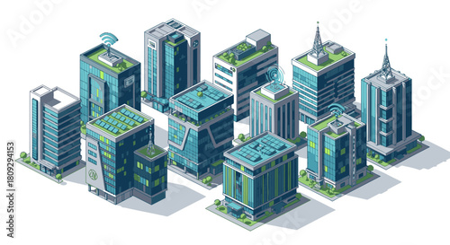 Isometric collection of modern smart city buildings with green roofs and solar panels.