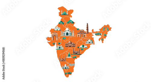 India map illustration with landmarks and cultural icons on an orange background.