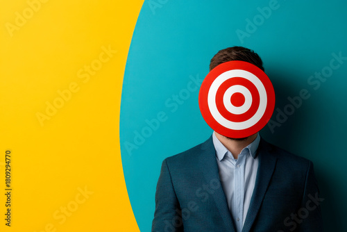 A suited man stands against a vibrant yellow and teal background, his face obscured by a large red target, symbolizing focus or goals.