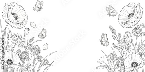 Detailed line art illustration of a vibrant wildflower meadow with poppies, daisies, and clover, adorned with graceful butterflies in flight, perfect for coloring.