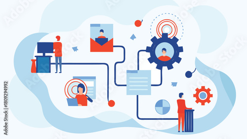 Modern illustration depicting diverse team members collaborating to automate business workflows using digital tools and technology for enhanced efficiency and productivity