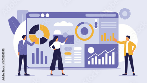 Diverse team of professionals collaborating on a large digital dashboard showcasing data analytics and business growth strategies