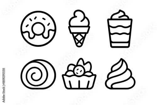 Outline icons of sweet desserts and baked goods including donut, ice cream, and pastry