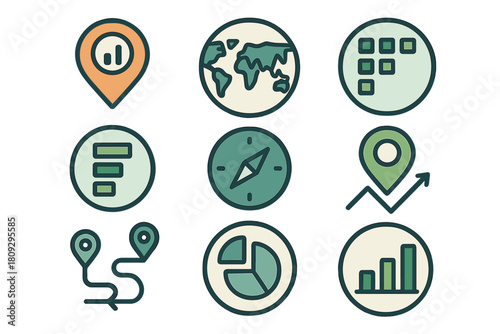 Modern icons for business analytics, global mapping, navigation, and data visualization