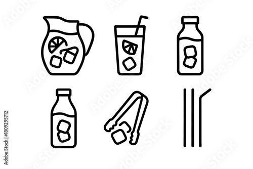 Outline icons set for summer drinks, lemonade pitcher, iced glass, and beverage accessories
