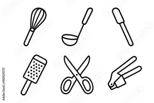 Essential kitchen utensils and household tools including whisk, ladle, grater, and scissors