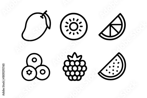 Minimalist outline icons featuring fresh fruits: mango, kiwi, berries, and citrus slices