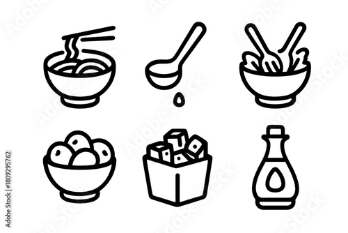 Minimal line icons for restaurant menu design featuring noodles salad fries and condiments