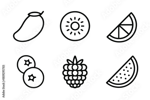 Minimalist line art icons set of mango, kiwi, raspberry, blueberry, and watermelon slices