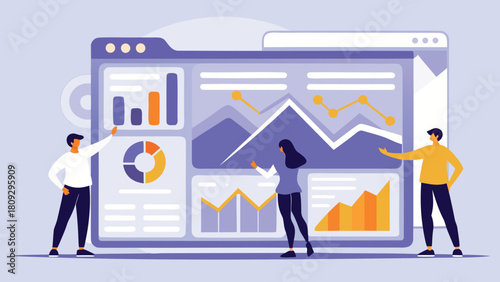 Modern business team analyzing performance metrics on a digital dashboard with charts and graphs representing data driven decision making and growth
